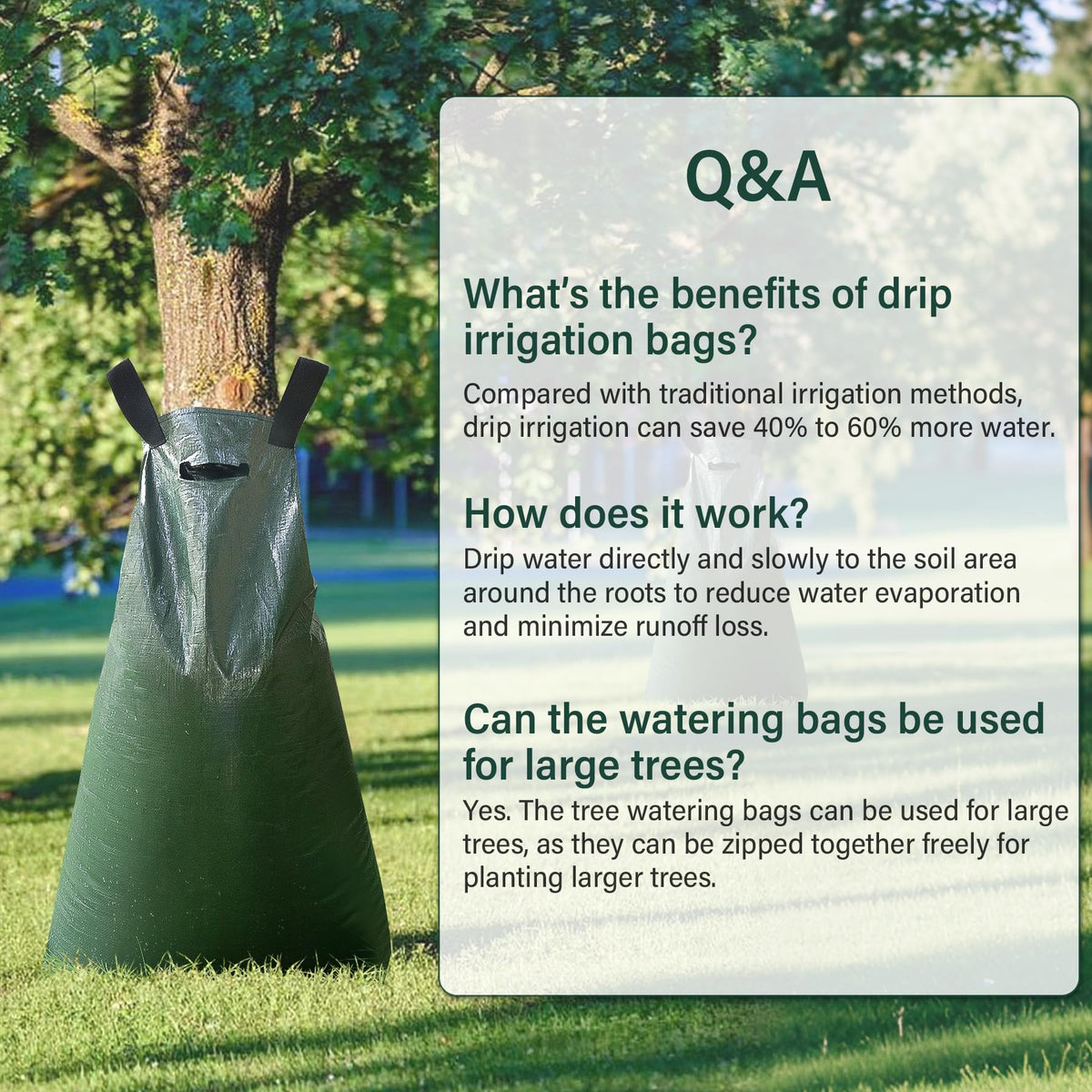 Outdoor display of a 20-gallon capacity bag reducing watering frequency.