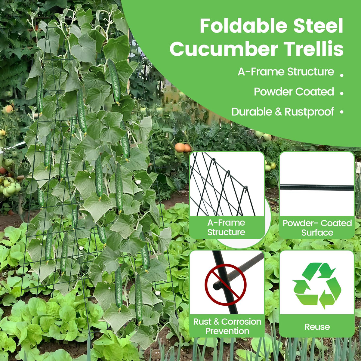 Toriexon foldable cucumber trellis side view highlights compact profile for easy garden fit
