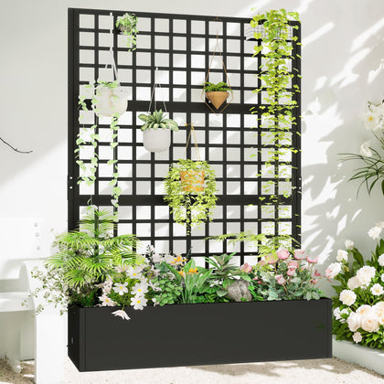 Toriexon metal planter with trellis provides sturdy outdoor growing space.