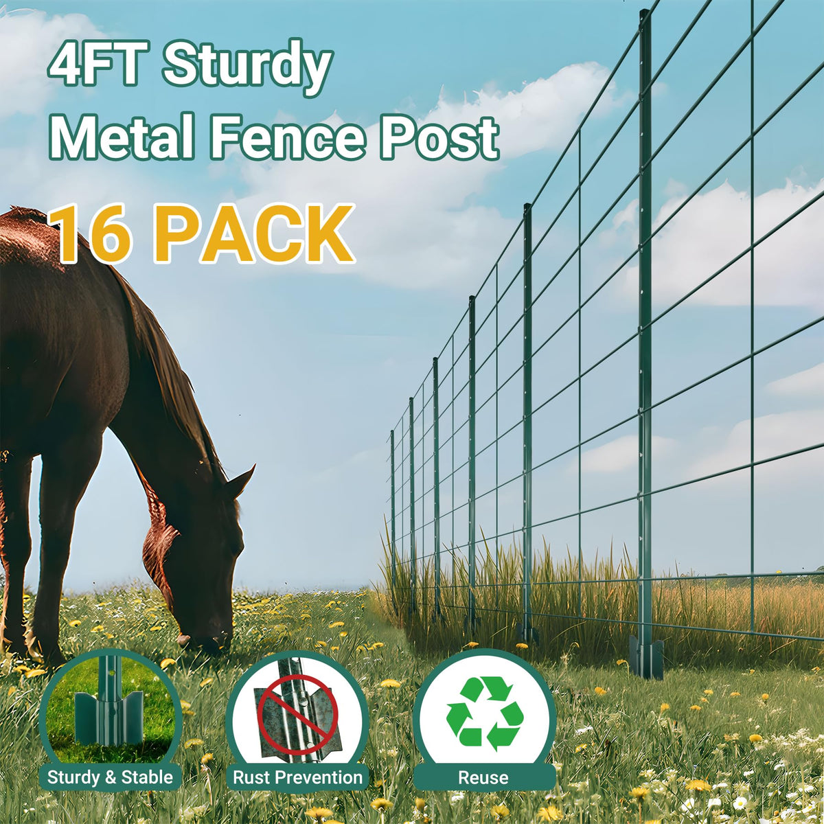 Toriexon no-dig T post shows adjustable tabs for secure rolled fencing