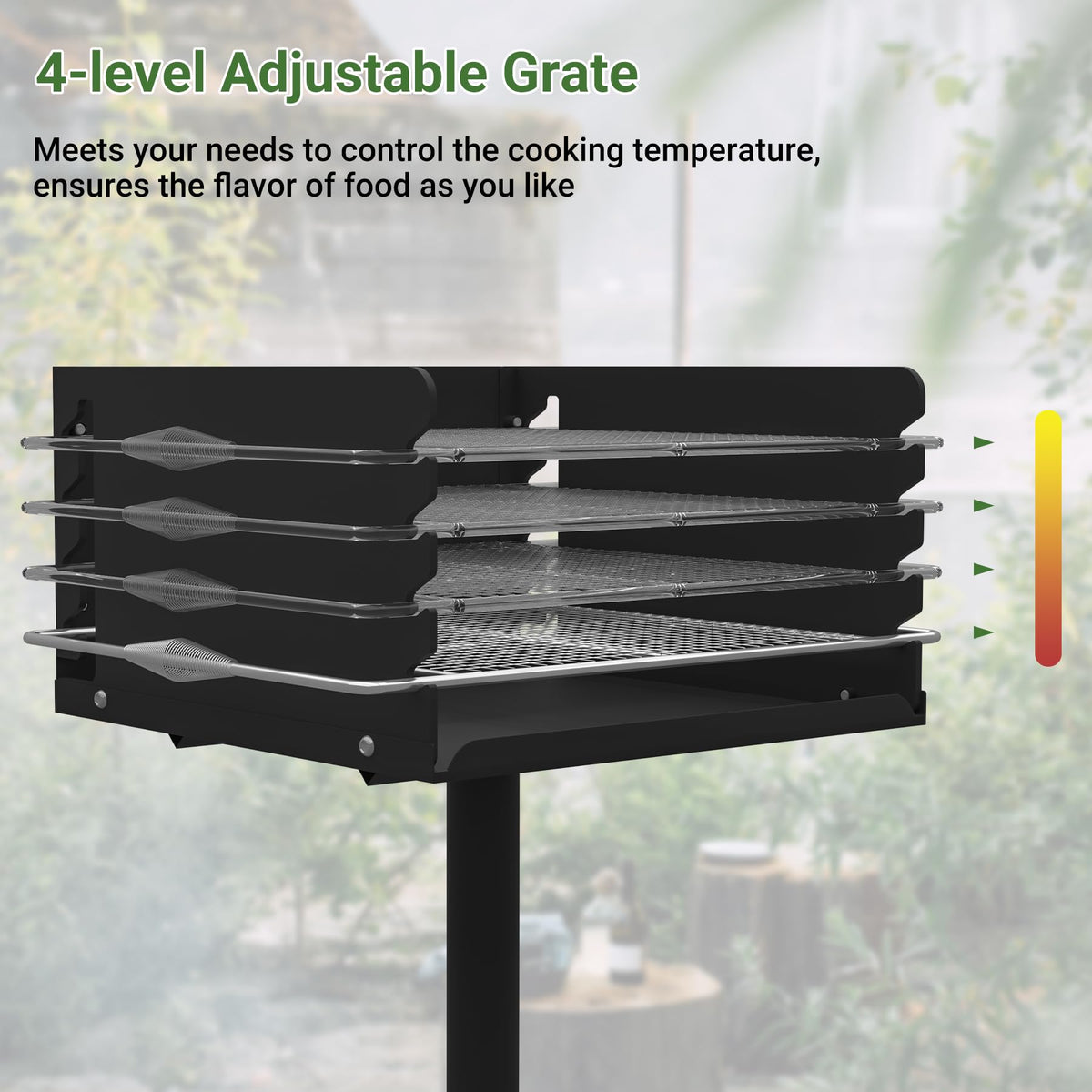 Toriexon Park Grills adjustable grate height to tailor heat.