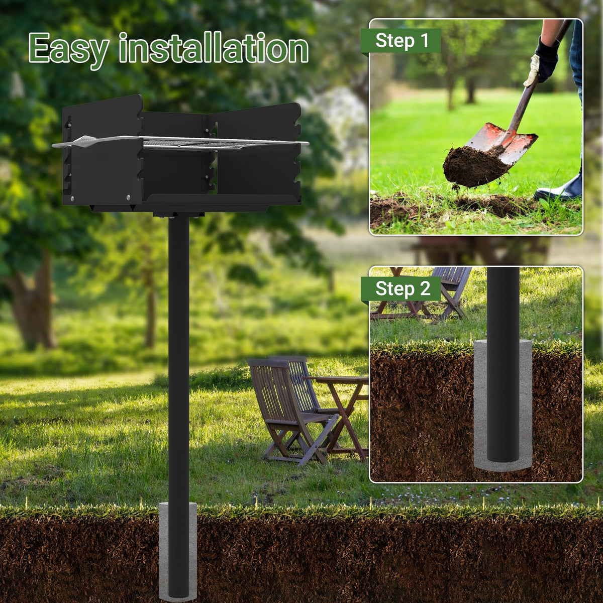 Toriexon Park Grills in-ground mount for stable outdoor performance.