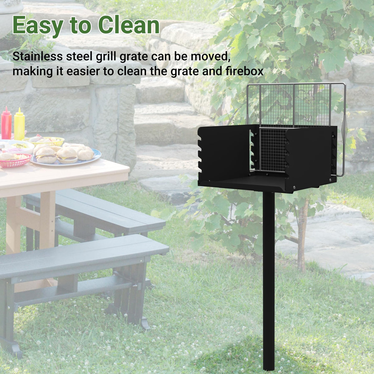 Toriexon Park Grills tiltable grate for easy access and cleaning.