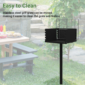 Toriexon Park Grills tiltable grate for easy access and cleaning.