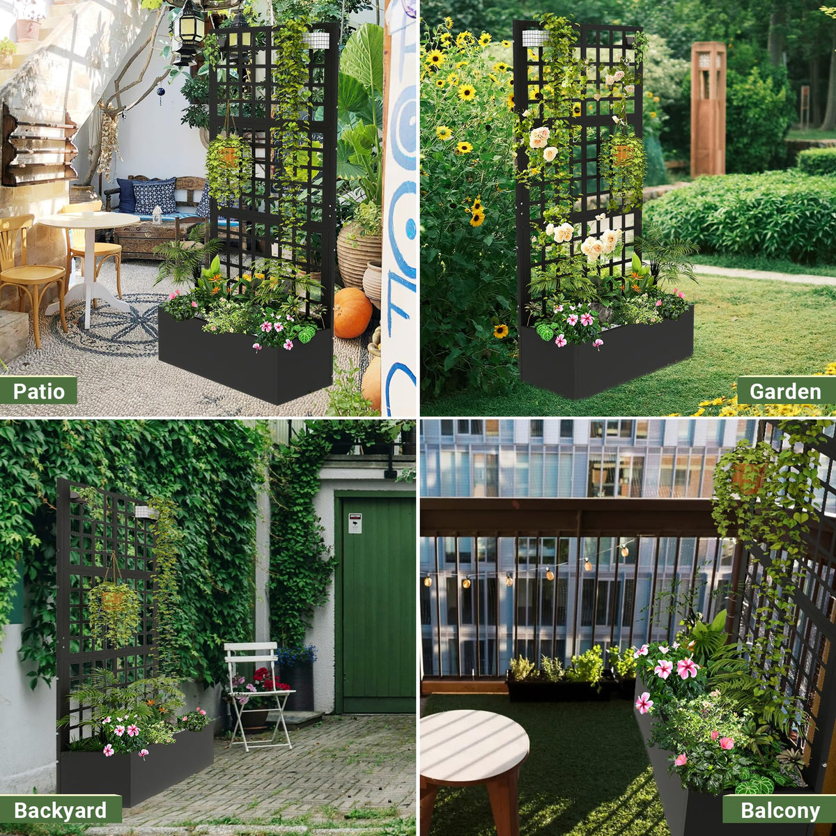 Toriexon space saving planter with trellis increases planting area without crowding.
