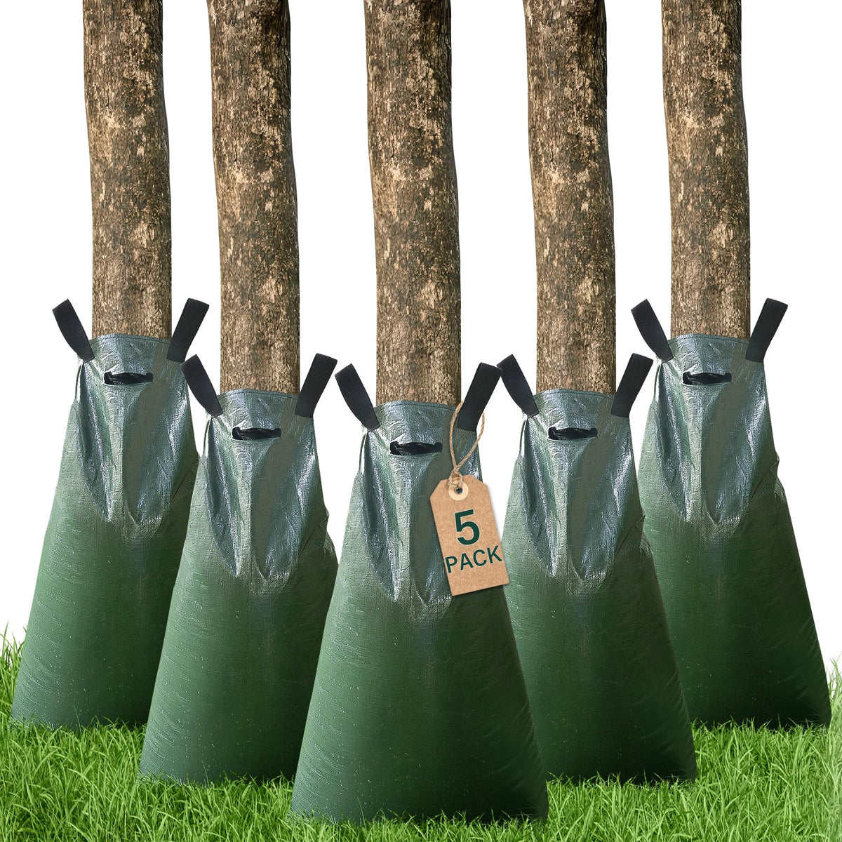 Toriexon tree watering bag around a trunk delivering slow, deep-root irrigation.
