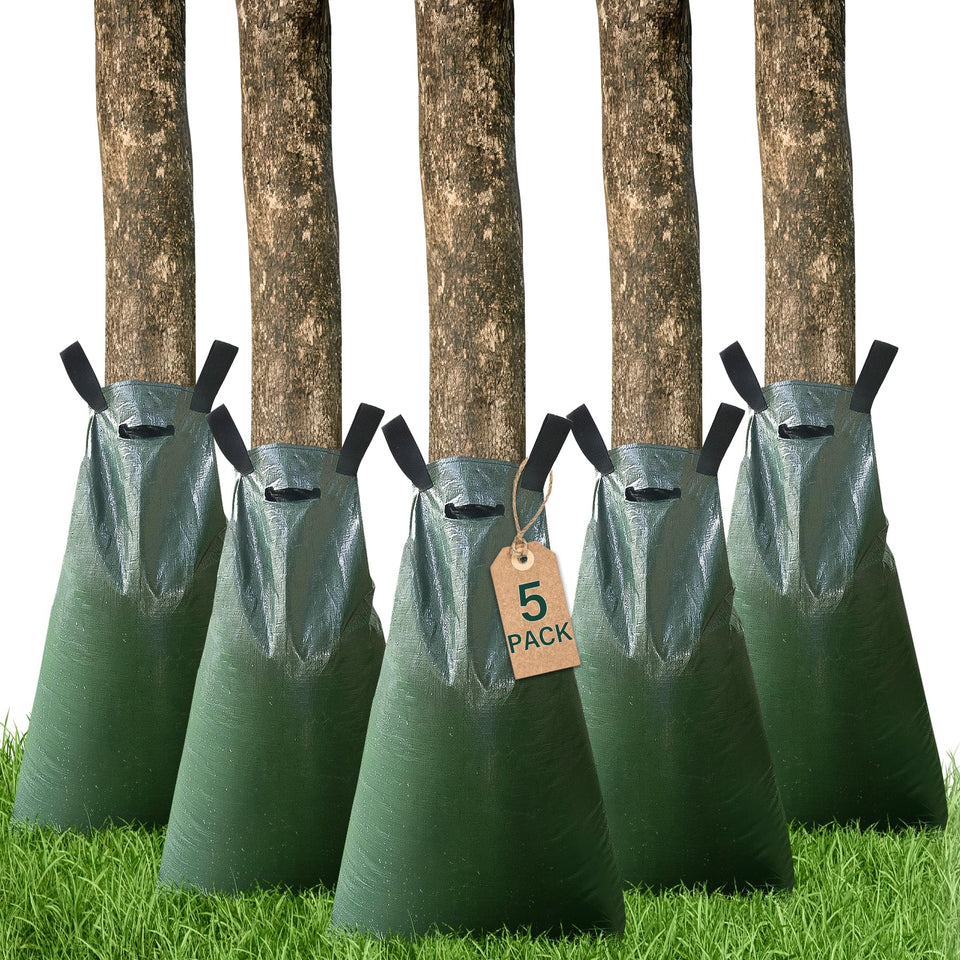 Toriexon tree watering bag around a trunk delivering slow, deep-root irrigation.