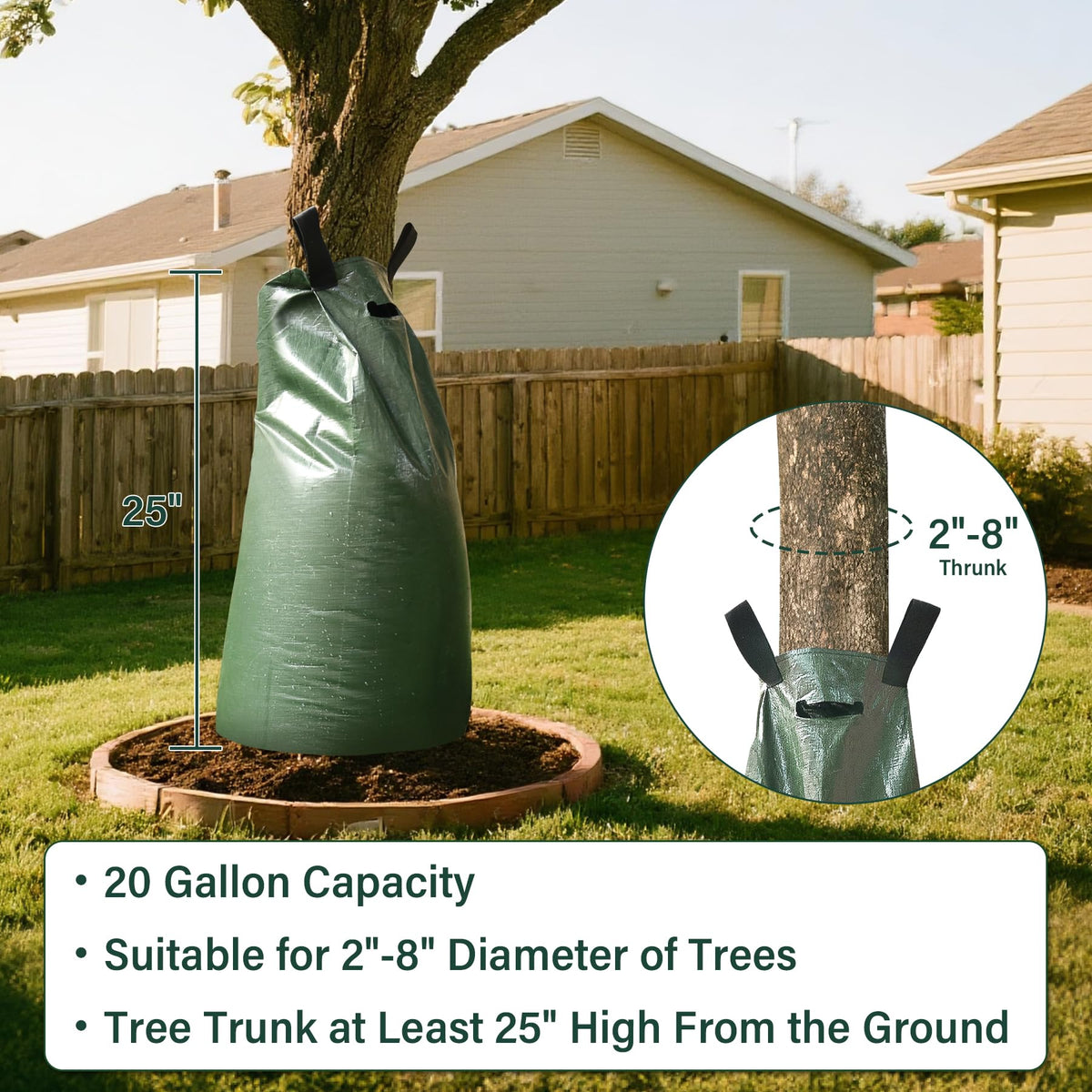 Zippered closure and sturdy handles enable easy placement around trees.
