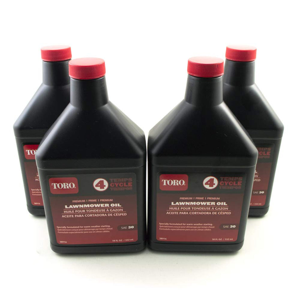 Toro lawnmower oil SAE 30 18oz bottle pour for durable engine lubrication.