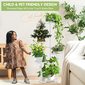 Five-tier shelves hold pots and decor items