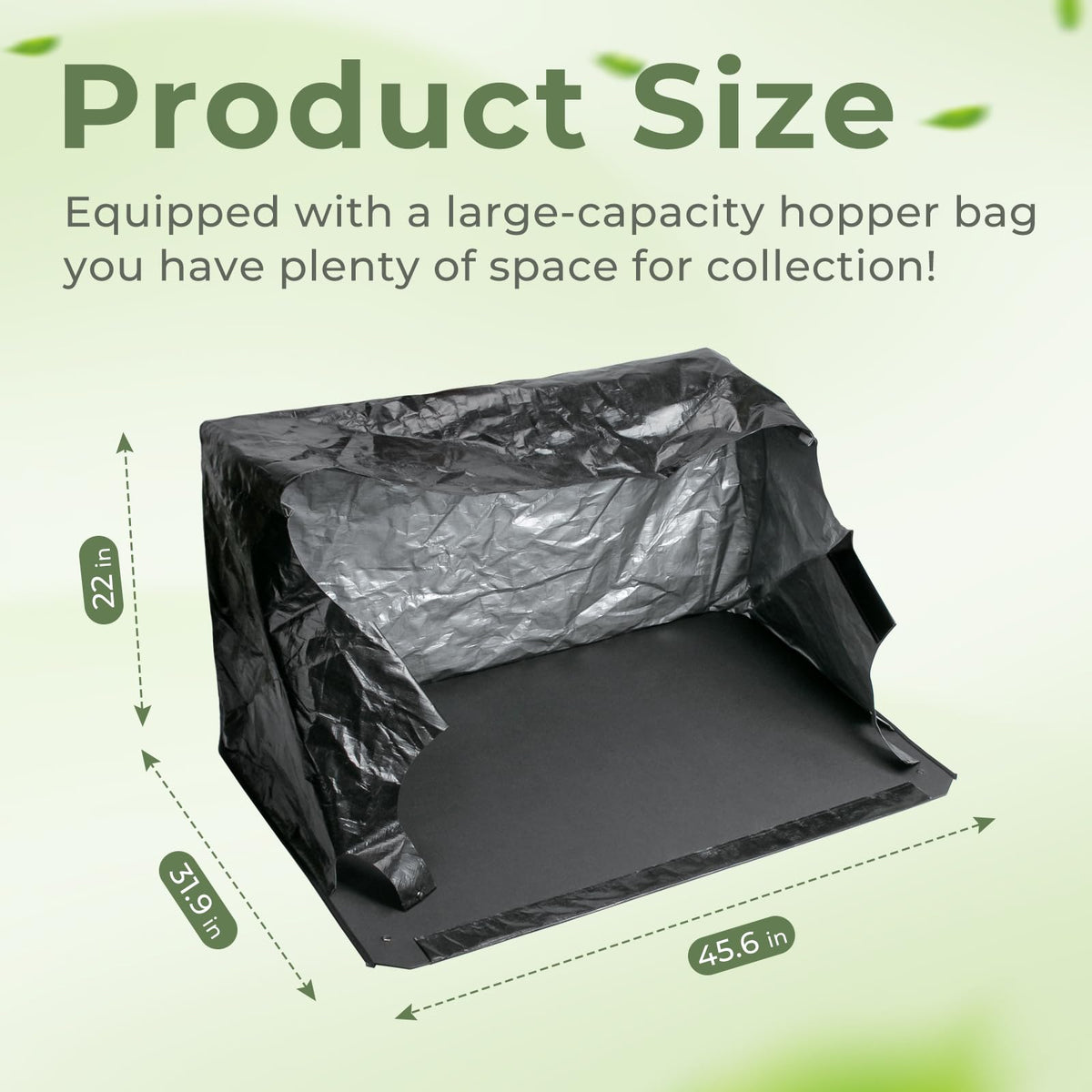 TOSRWGLL hopper bag shows large capacity for fewer dumps during lawn sweeping.