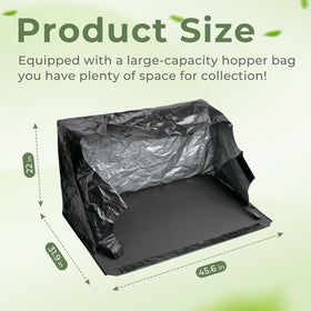 TOSRWGLL hopper bag shows large capacity for fewer dumps during lawn sweeping.