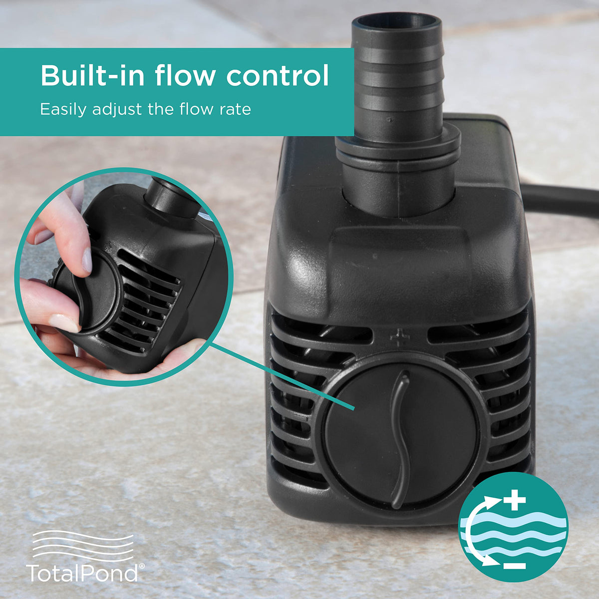 TotalPond 500 GPH pump tubing connection illustrates 3/8–1/2 inch tubing compatibility.