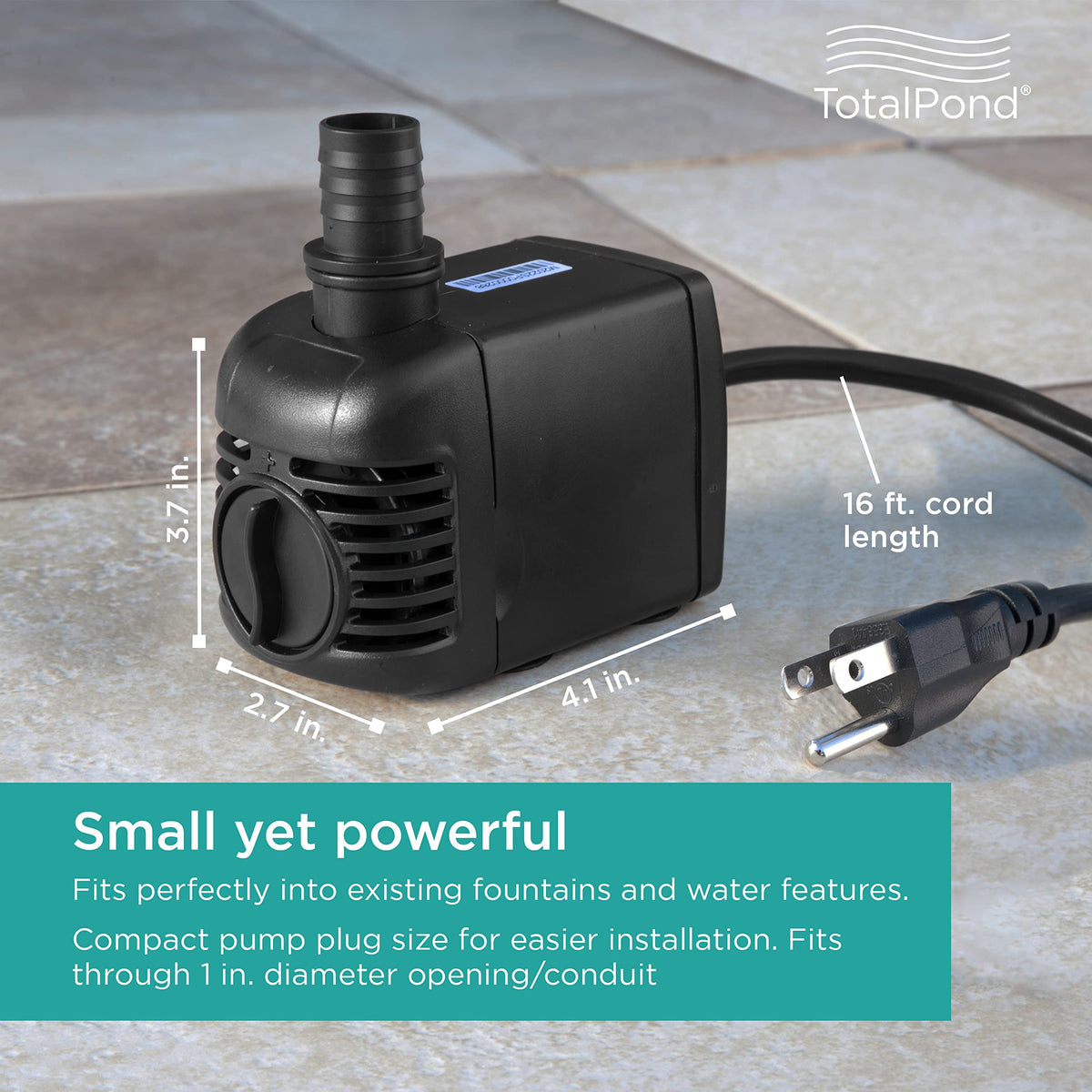 TotalPond 500 GPH pump side view demonstrates durable housing for outdoor use.
