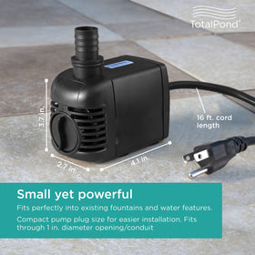 TotalPond 500 GPH pump side view demonstrates durable housing for outdoor use.