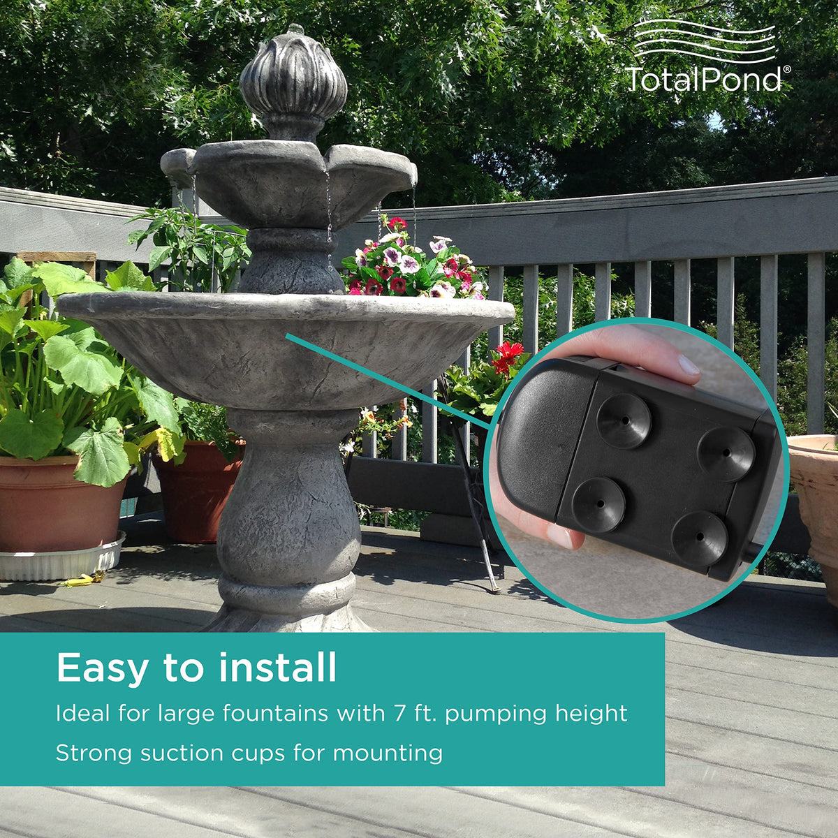 TotalPond 500 GPH fountain pump top view emphasizes small footprint in tight spaces.