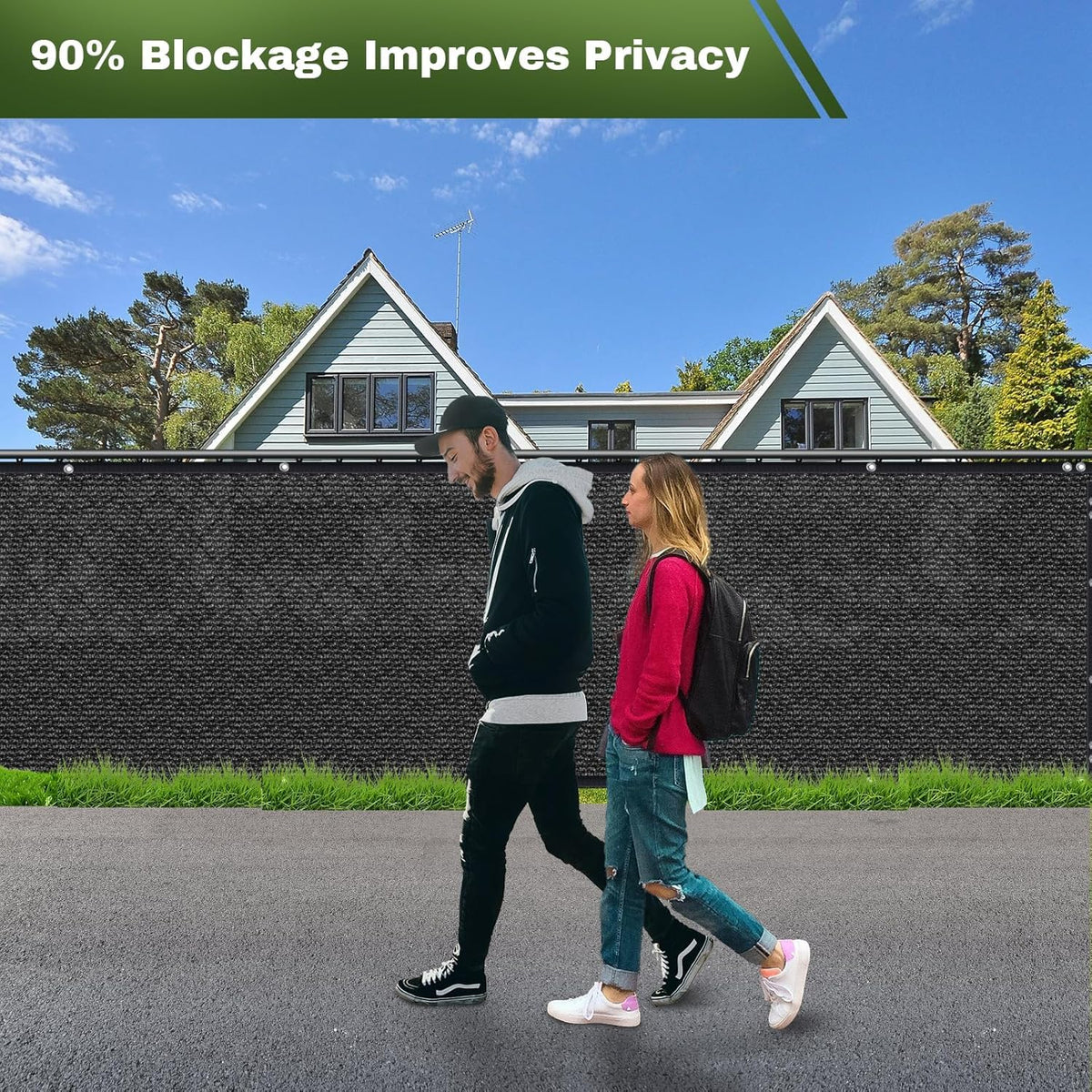 TOTU privacy screen with reinforced grommets designed to stabilize in wind.