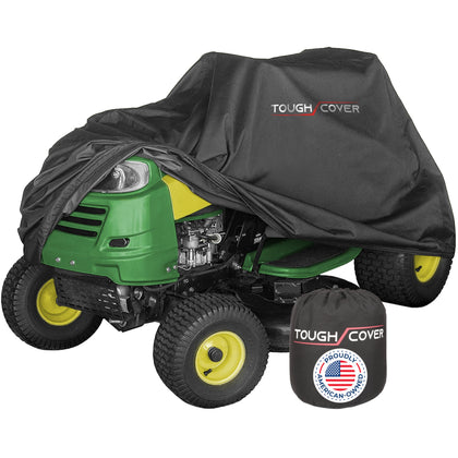 Tough Cover riding mower cover in waterproof fabric shielding the mower from rain and debris.