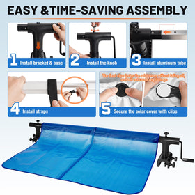Touri fixed clips and straps securing the reel to the pool edge.