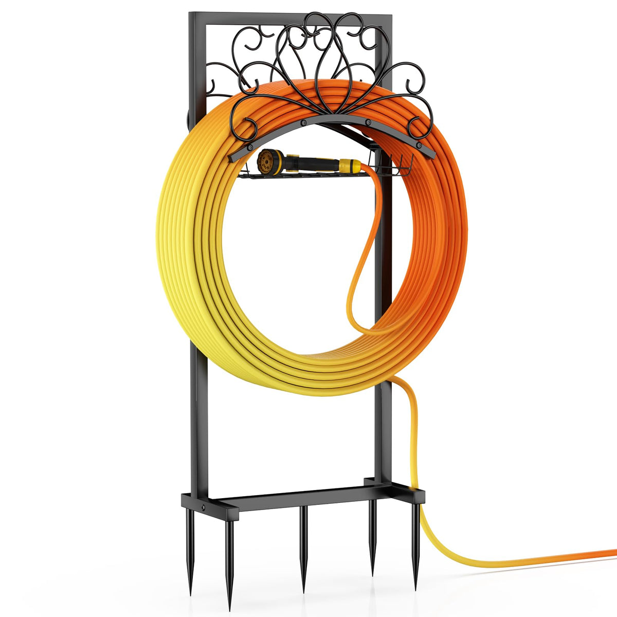 TOVEYI garden hose holder side view showing stable five-prong base for outdoor durability