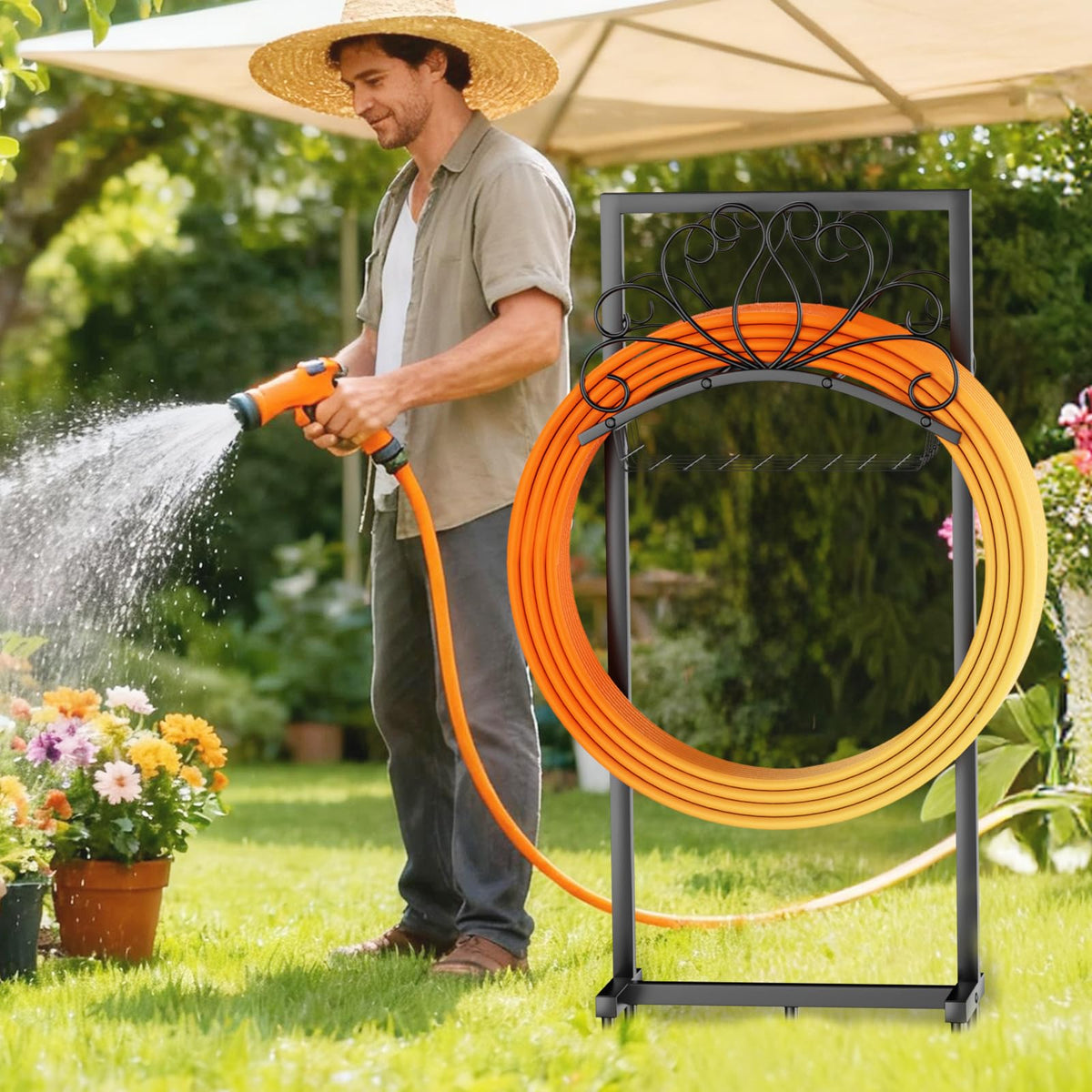 TOVEYI hose organizer in a yard setup shows easy assembly and portability