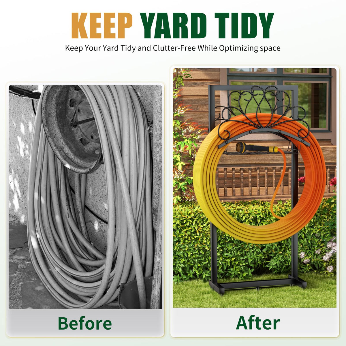 TOVEYI outdoor hose rack illustrates compact footprint that frees up yard space