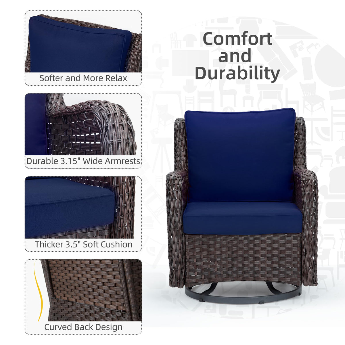 Towallmark cushions four-inch thick provide plush support for extended seating sessions.