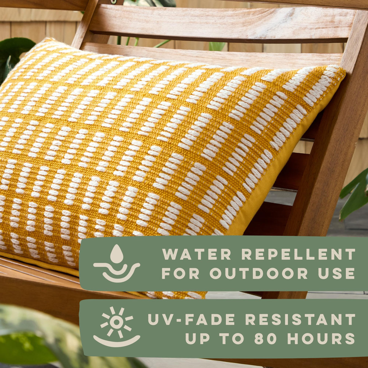 Alara pillow outdoors on a patio demonstrates UV fade resistance.