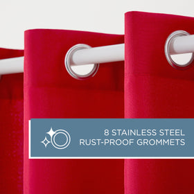 TOWN & COUNTRY BASICS Cabana bold red hue curtains add color and privacy.