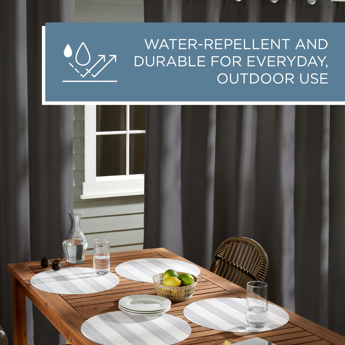 Town & Country Basics Cabana charcoal night-use curtain demonstrates soft privacy.