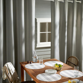 Town & Country Basics Cabana curtains with water-repellent finish for outdoor spaces.