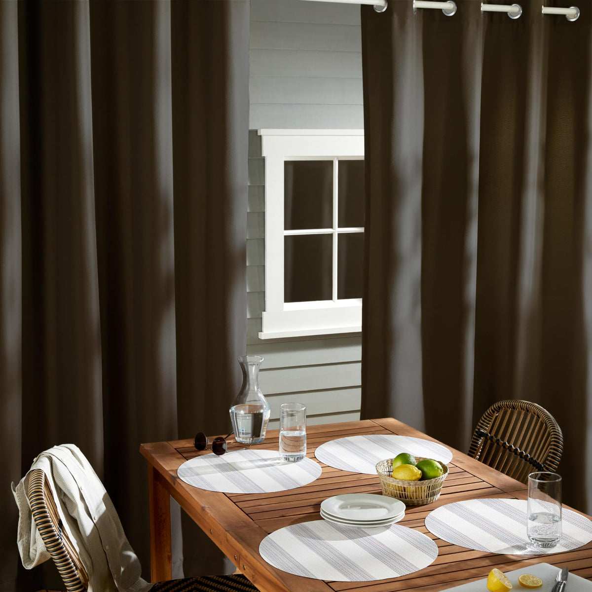 Town and Country Basics Cabana curtains water-repellent finish keeps outdoor spaces cleaner.