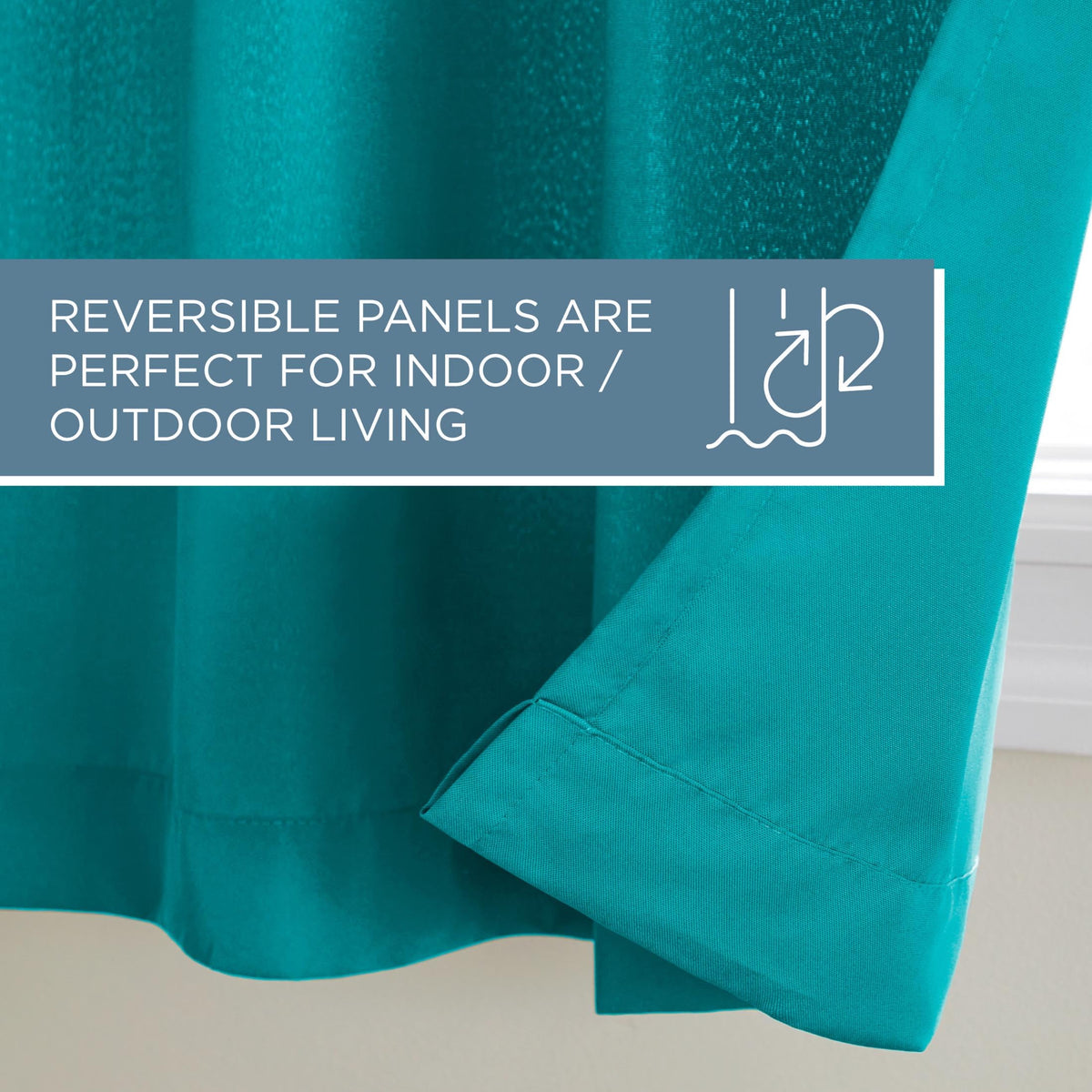 Town & Country Basics Cabana teal curtains outdoors on patio for privacy
