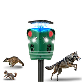 Towne Hall Farm Solar Ultrasonic Repeller front view deterring deer and cats in the yard.