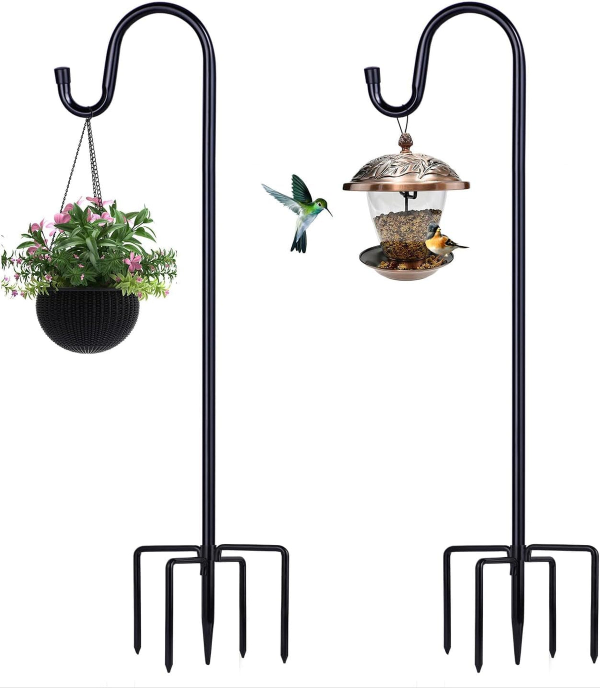 ToyHotels shepherd hooks with a 5-prong base elevate bird feeders and lanterns outdoors.