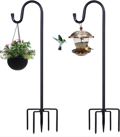 ToyHotels shepherd hooks with a 5-prong base elevate bird feeders and lanterns outdoors.