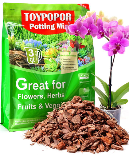 TOYPOPOR Orchid Potting Mix with pine bark and perlite promotes breathable orchid roots.