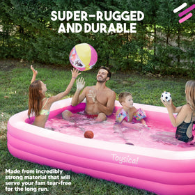Toysical inflatable pool enjoyed by families in a sunny backyard.