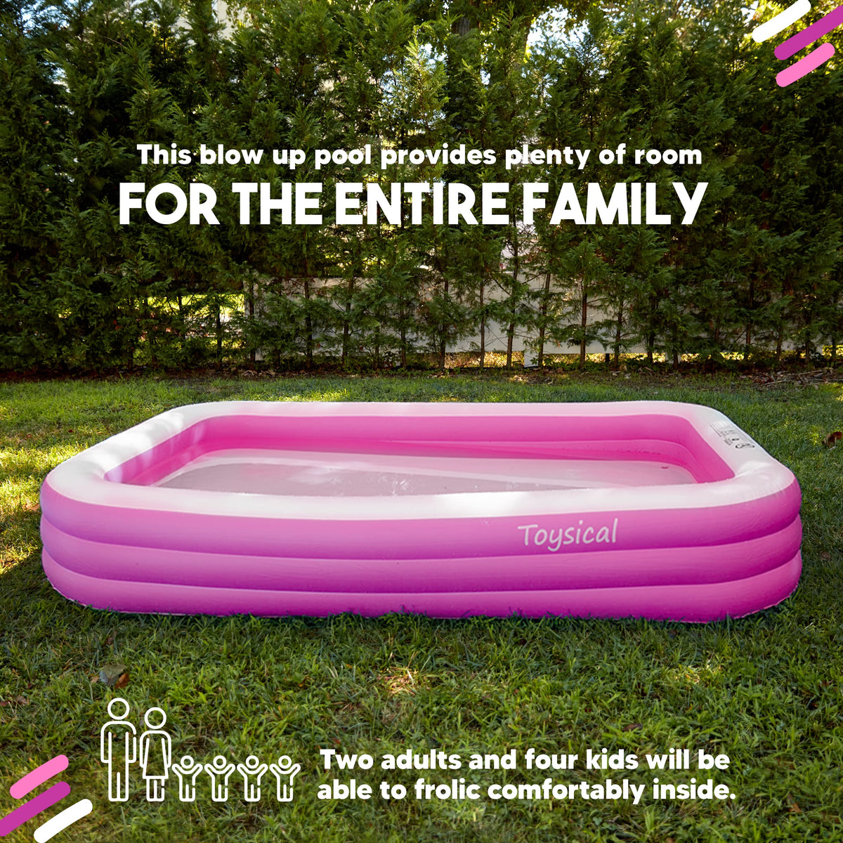 Toysical inflatable pool patches included for quick repairs.