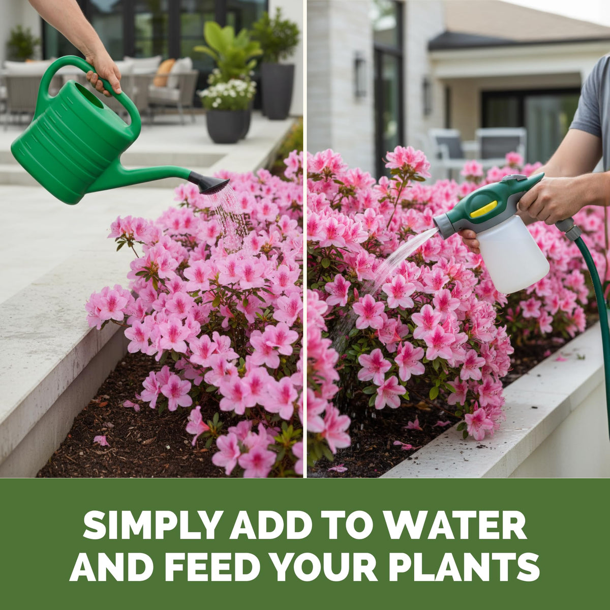 TPS NUTRIENTS Azalea Fertilizer bottle in a sunny garden setting.