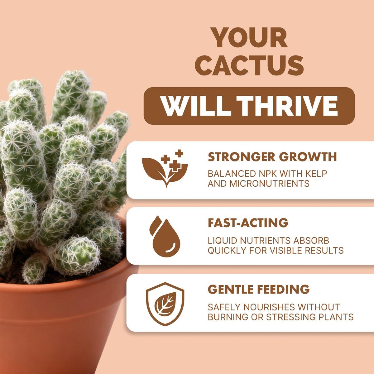 TPS NUTRIENTS cactus fertilizer label closeup demonstrates trusted, USA-made formula for cacti.