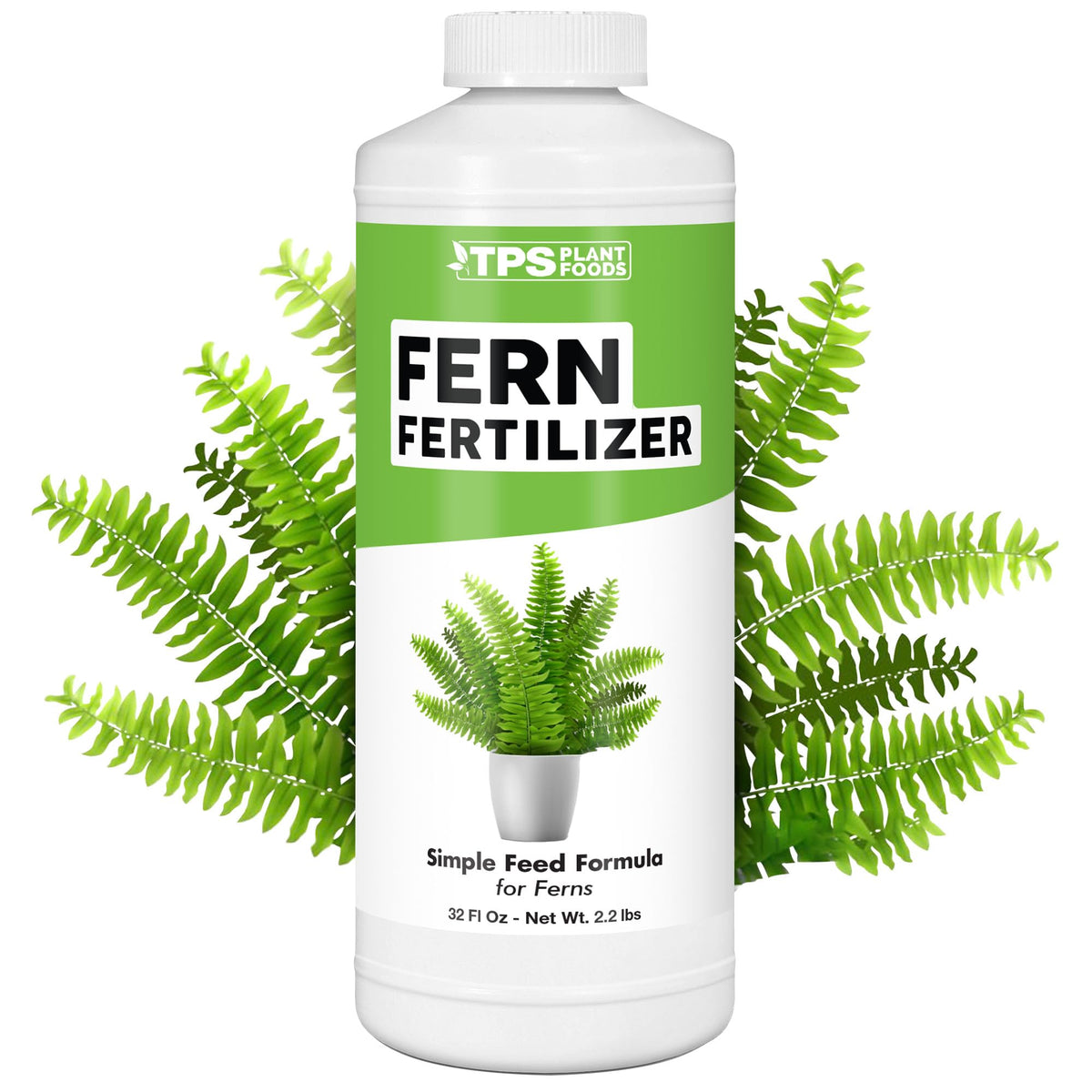 TPS Nutrients Fern Fertilizer bottle supports indoor fern care with lush fronds