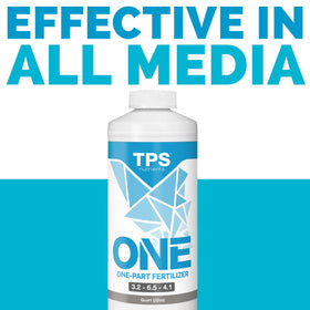 TPS NUTRIENTS One Liquid One Part bottle beside lush foliage and blooms.