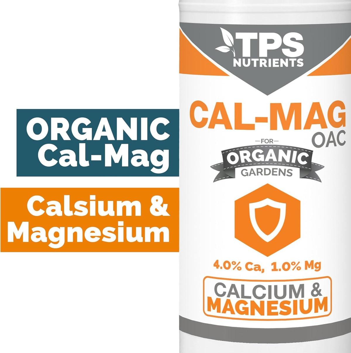 TPS NUTRIENTS Organic Cal-Mag OAC label highlights iron and micronutrients for vitality.