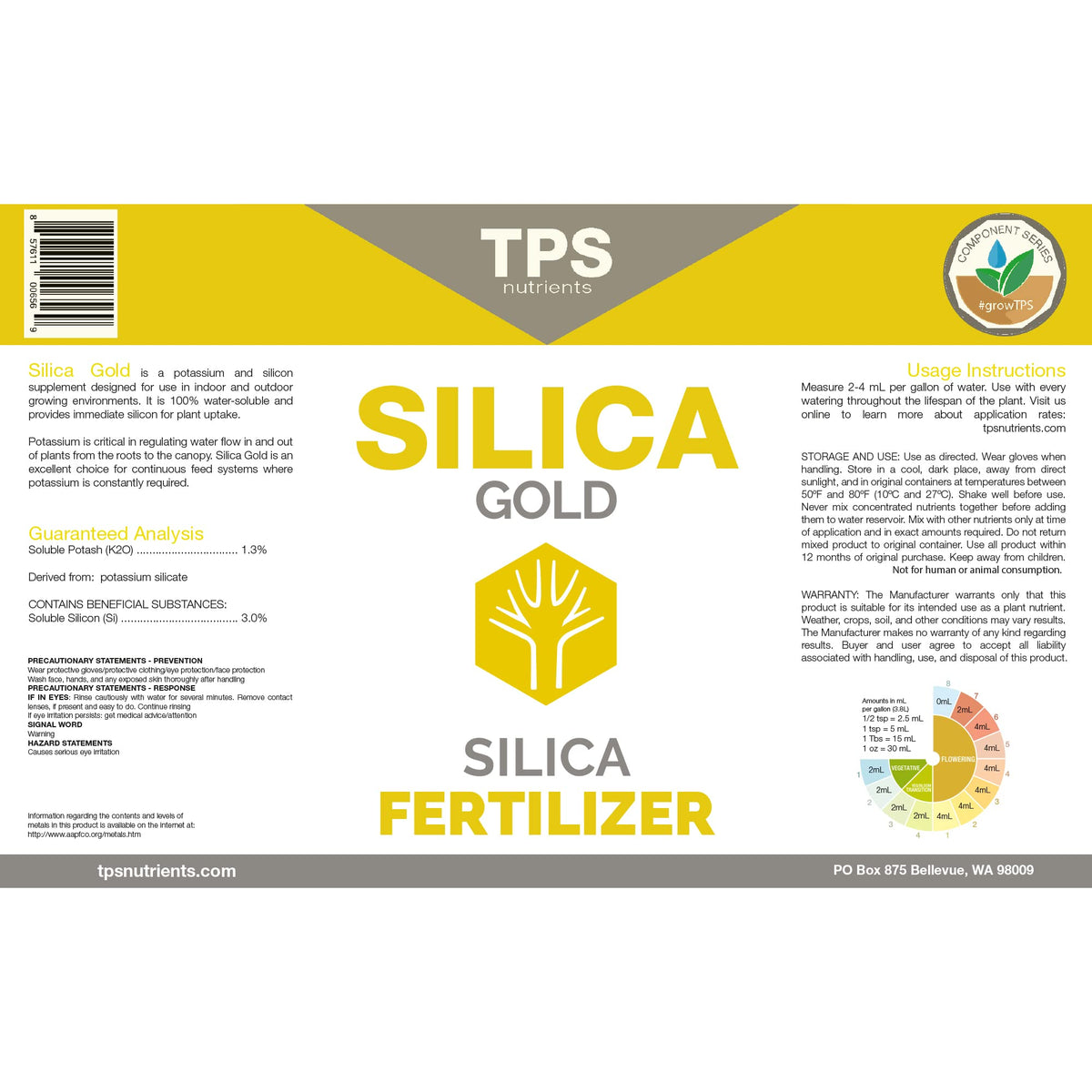 Close-up of Silica Gold label highlighting premium formula for growth