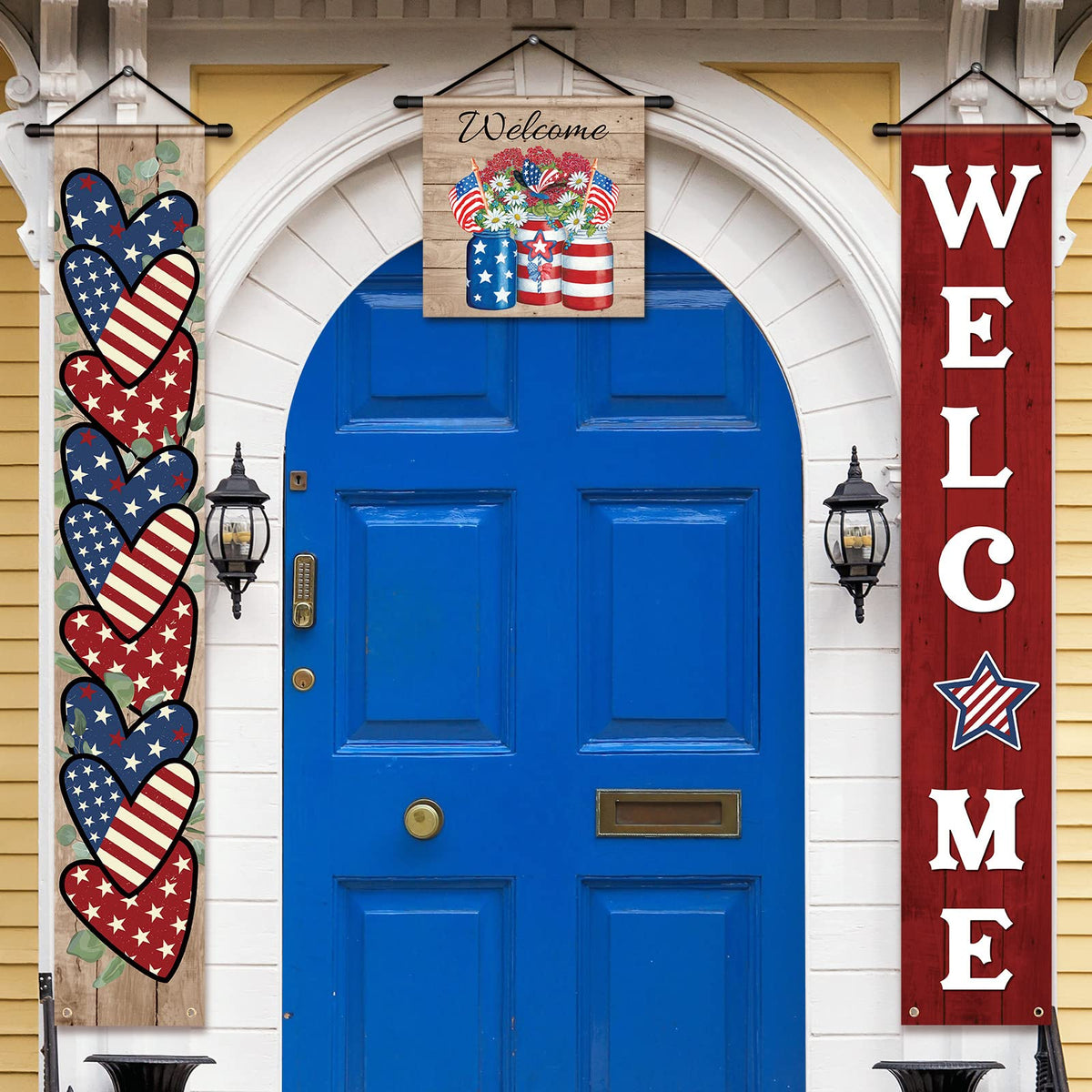 Tradder 250th Anniversary long banner hanging on front door in red white blue colors