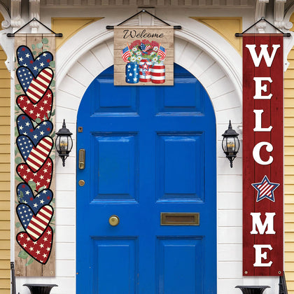 Tradder 250th Anniversary long banner hanging on front door in red white blue colors
