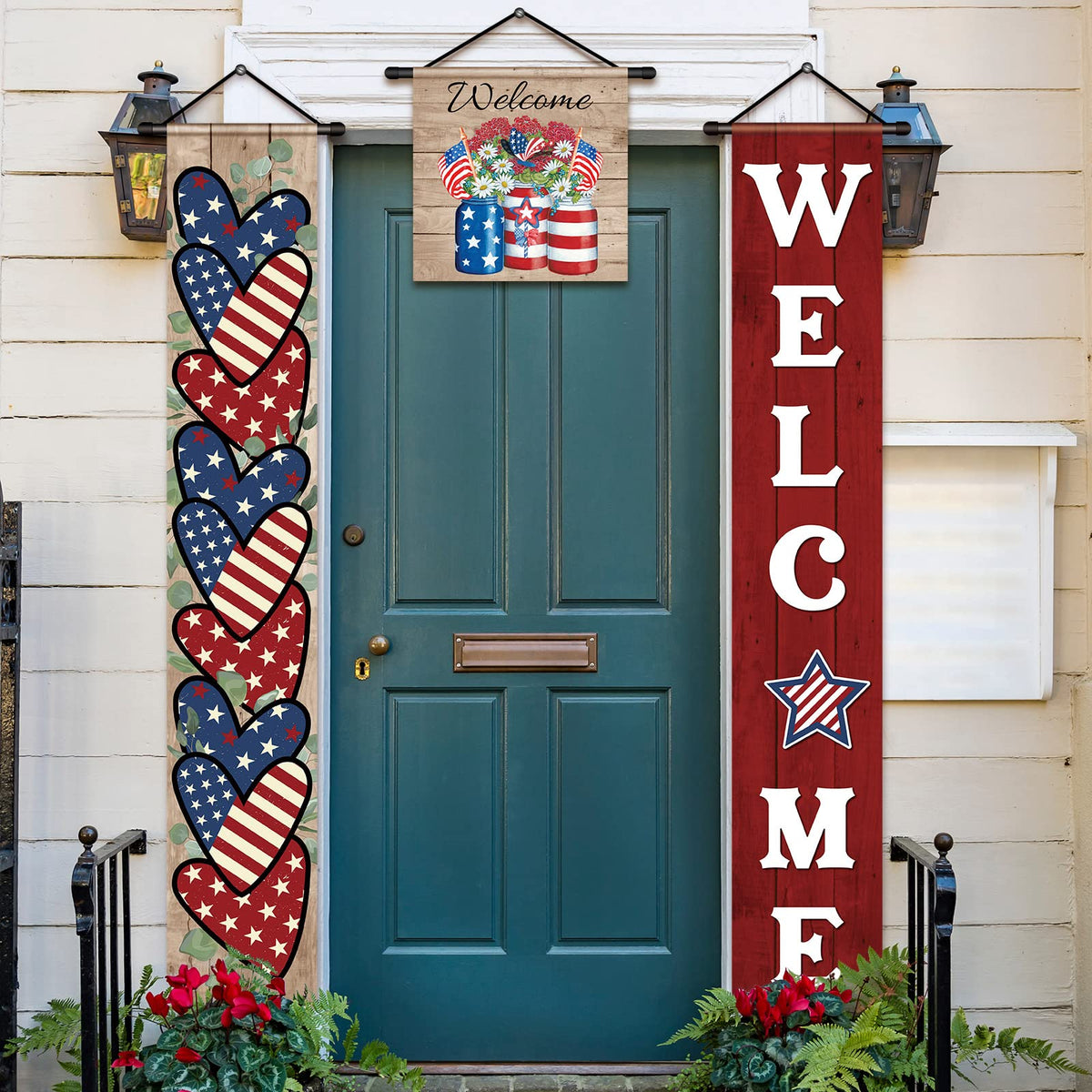 Tradder yard display banner decorating front door and fence