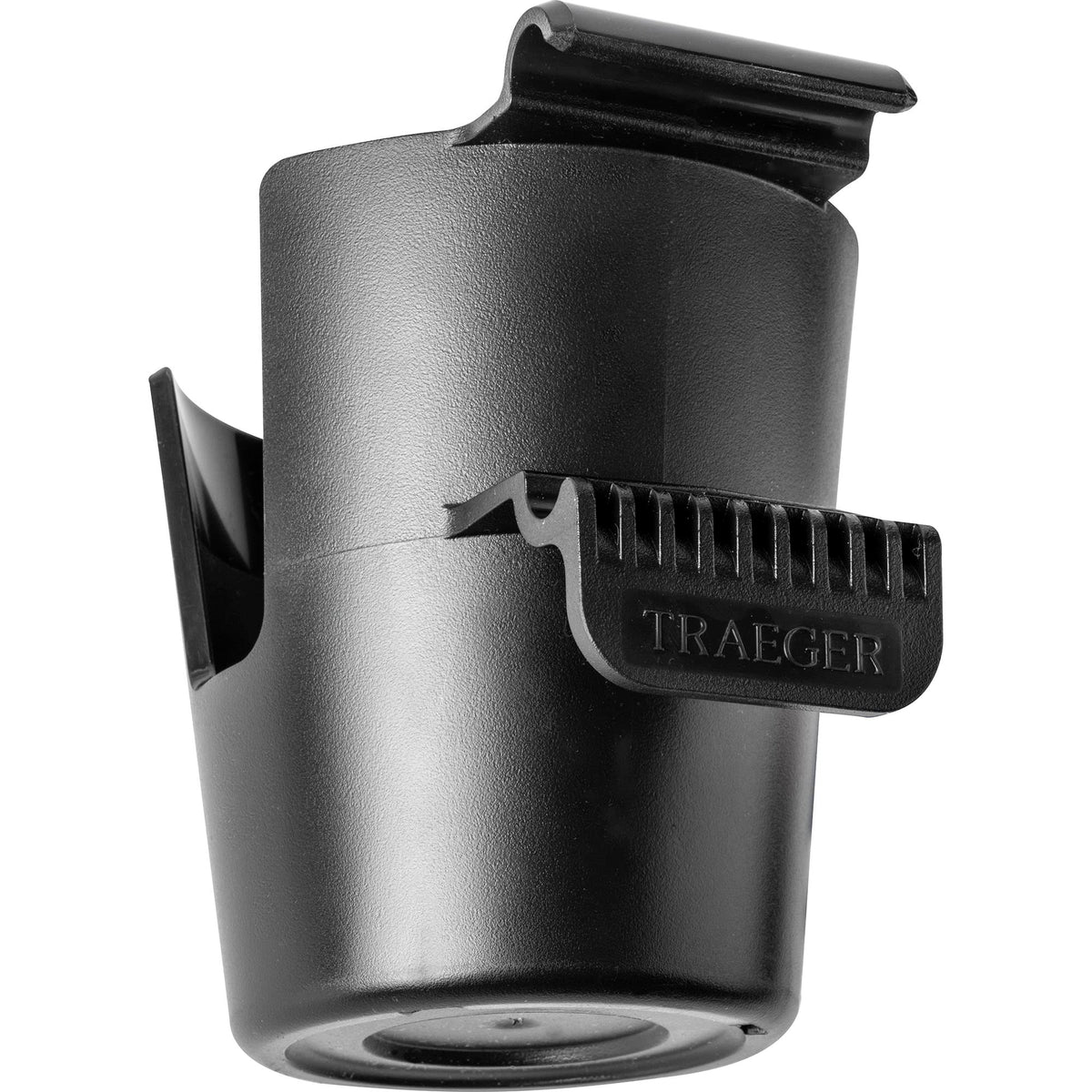 Close-up of a 12-ounce can resting in Traeger cup holder for quick access