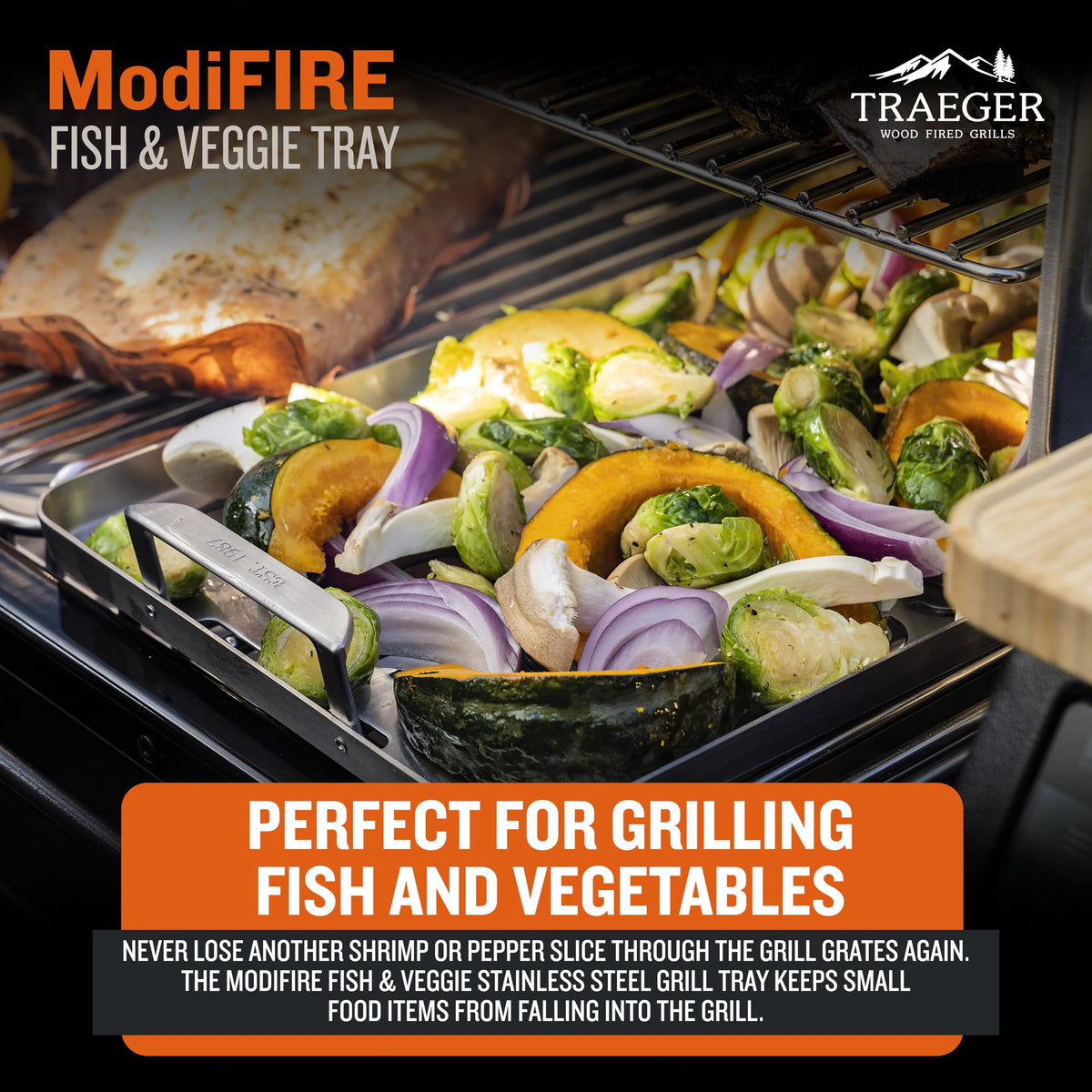 Traeger ModiFIRE fish grill tray fits grates with close-up on grilled fish.